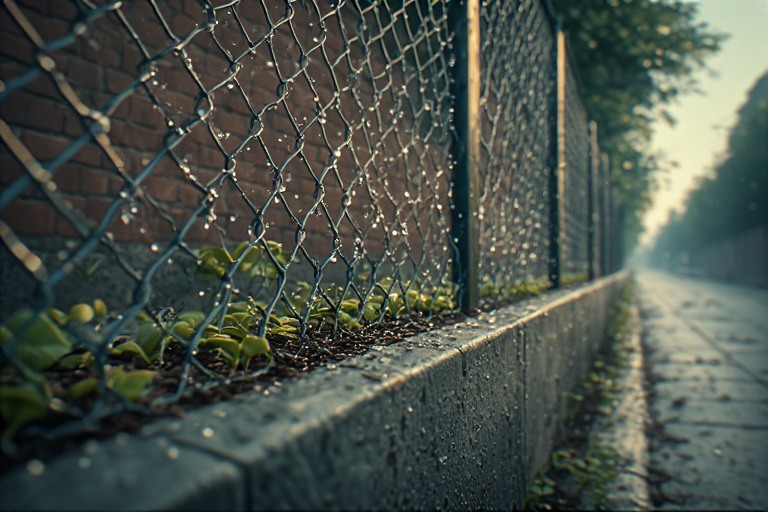 Fence covered with dew in the rain